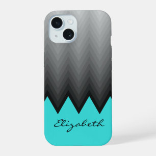 Grey chevron ombre pattern turquoise Custom name iPhone 15 Case