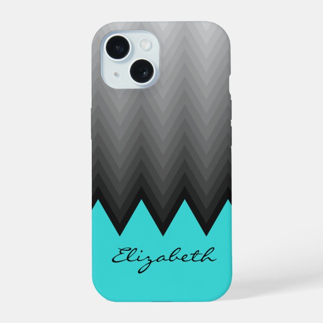 Grey chevron ombre pattern turquoise Custom name iPhone 15 Case (Back)