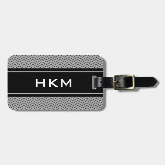 Grey chevron pattern monogram travel luggage tag (Front Horizontal)