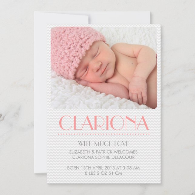 Grey Chevron Pattern Pink Photo Birth Announcement (Front)