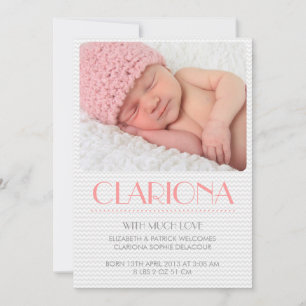 Grey Chevron Pattern Pink Photo Birth Announcement