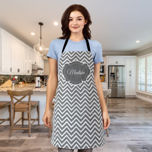 Grey Chevron Personalised Apron (Gray Chevron Personalized Apron)