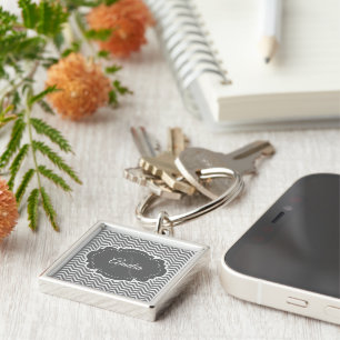 Grey Chevron Personalised Button Keychain
