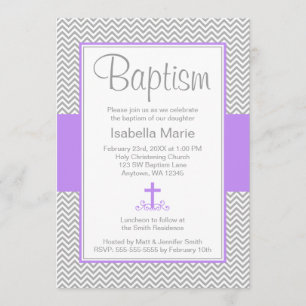 Grey Chevron Purple Cross Girl Baptism Christening Invitation
