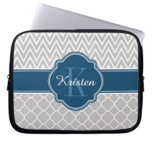 Grey Chevron Quatrefoil Pattern Blue Monogram Laptop Sleeve