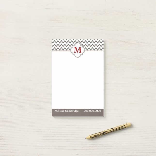 Grey Chevron Red Monogram Personalised Post-it Notes (On Desk)