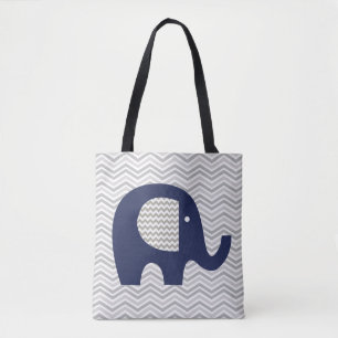 Grey Chevron Stripe Navy Blue Elephant Patterned Tote Bag