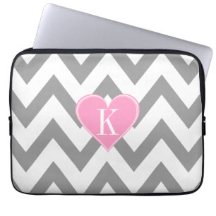 Grey Chevron with Pink Heart Monogram Laptop Sleeve