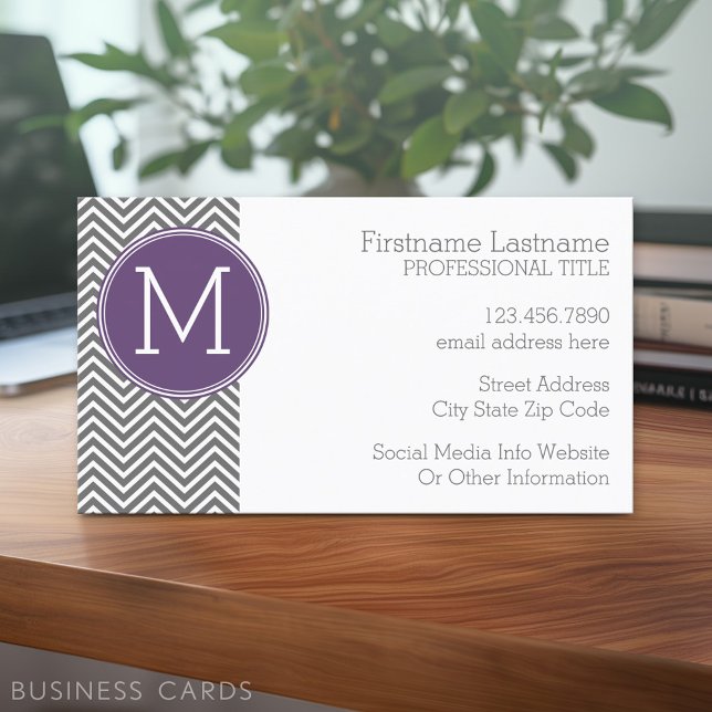 Grey Chevrons with Classic Custom Monogram Business Card (Custom Business Card - Online Template Plus Low Quantity Printing)