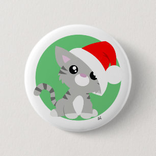 Grey Christmas Kitty Button