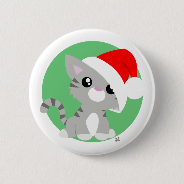 Grey Christmas Kitty Button (Front)