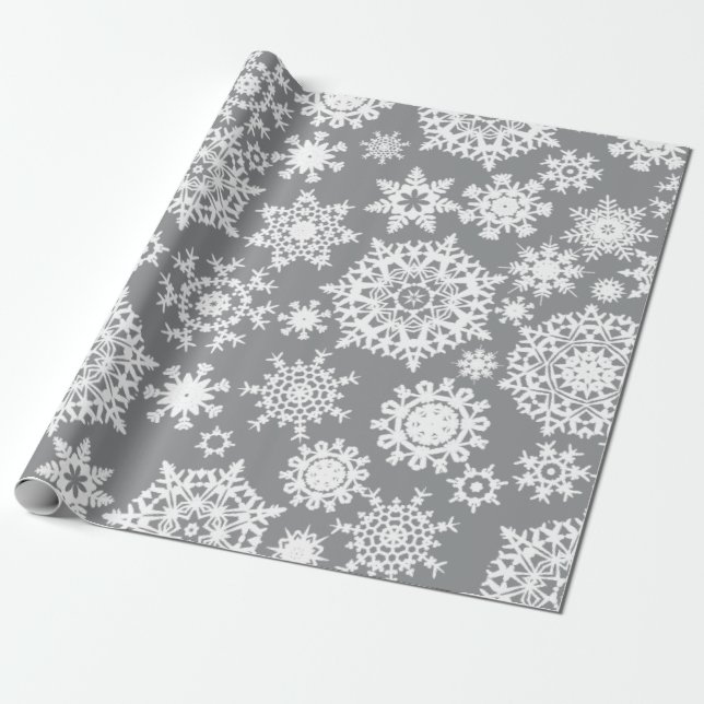 Grey Christmas Snowflake Pattern wrapping paper (Unrolled)