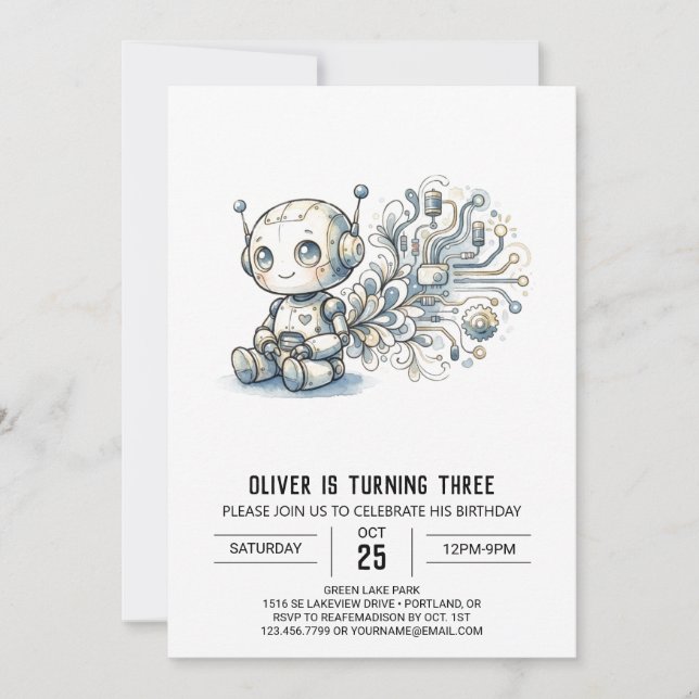 Grey Circuit Robot Birthday Invitation (Front)