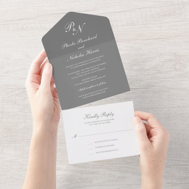 Grey Classic Elegant Wedding All In One Invitation (Tearaway)