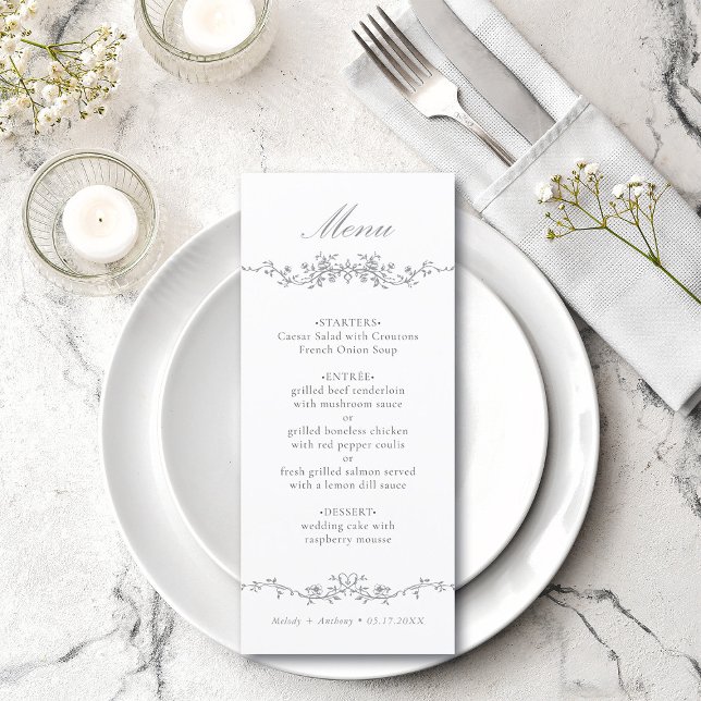 Grey Classic Floral Border Wedding Menu (Creator Uploaded)