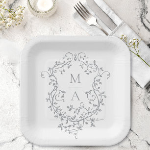 Grey Classic Floral Crest Monogram Wedding Paper Plate