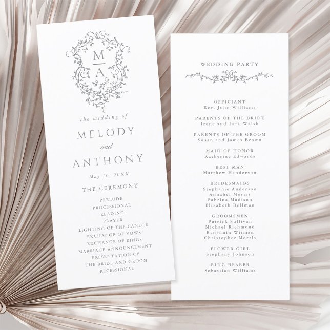 Grey Classic Floral Crest Wedding Ceremony Programme (Front & Back)