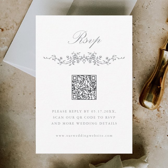Grey Classic French Floral Border Wedding RSVP Card (Creator Uploaded)