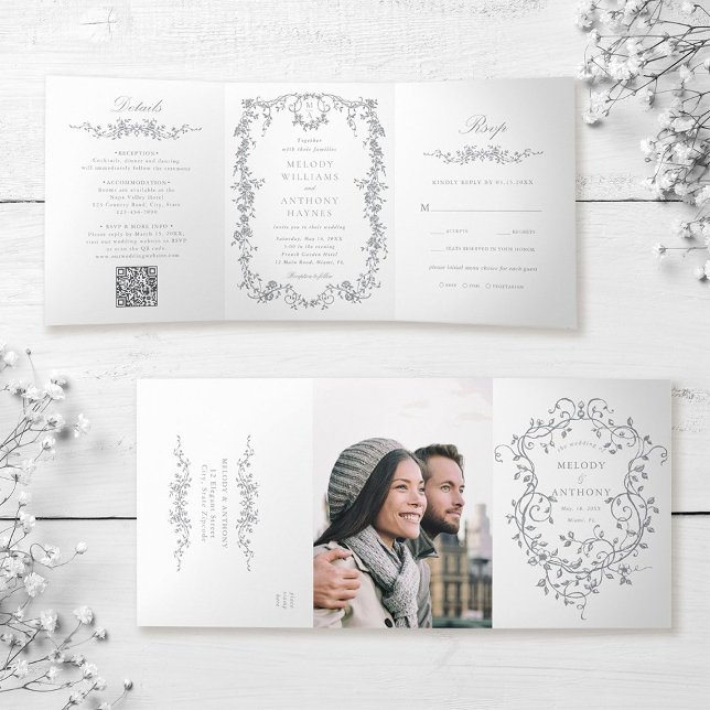 Grey Classic French Victorian Floral Wedding Tri-Fold Invitation (Inside & Outside)