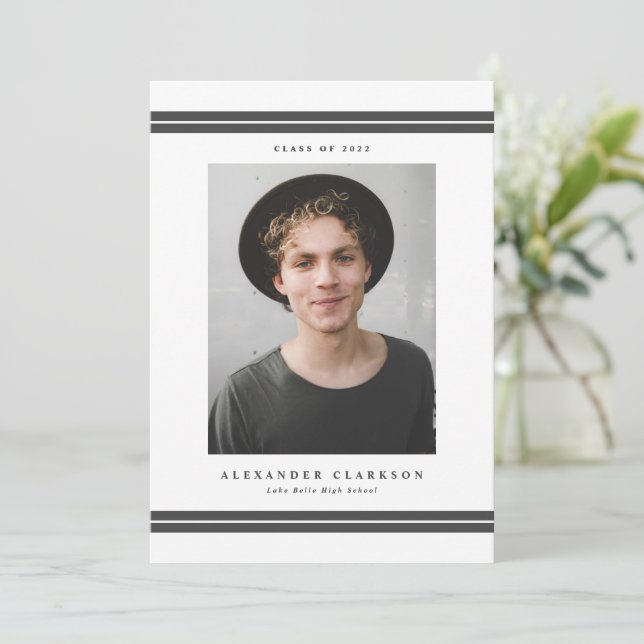 Grey Classic Stripes Modern 2022 Photo Graduation Announcement (Standing Front)