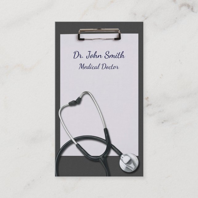 Grey Clipboard with Medical Stethoscope Business Card (Front)