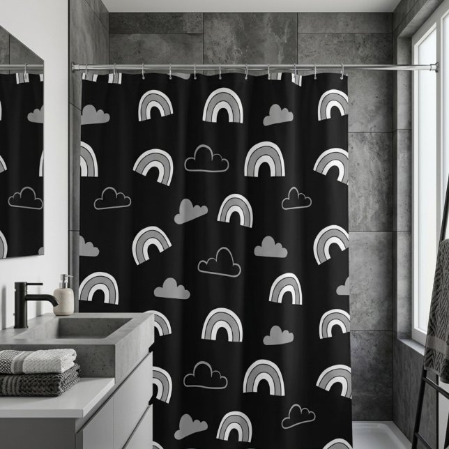 Grey Clouds and Rainbows on Black Shower Curtain (Creator Uploaded)