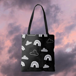 Grey Clouds and Rainbows on Black Tote Bag