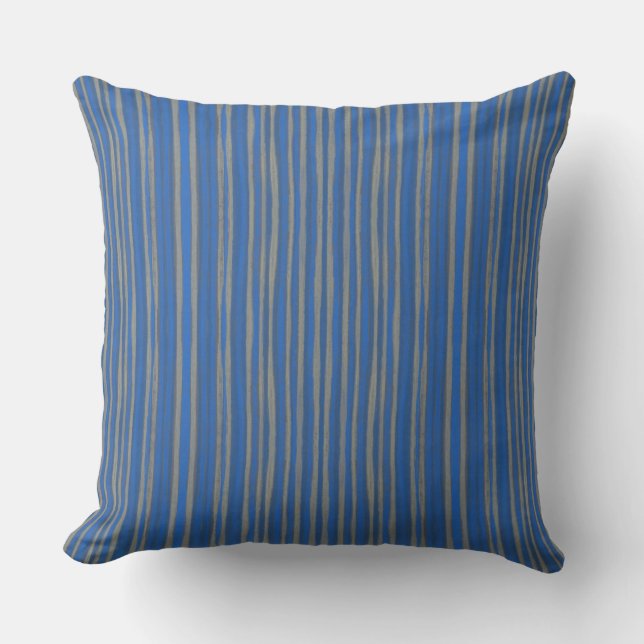 Grey & cobalt blue stripes, pattern narrow stripe cushion (Front)