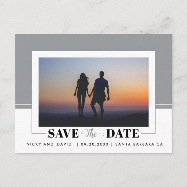Grey colour block wedding Save the Date photo Postcard (Front)