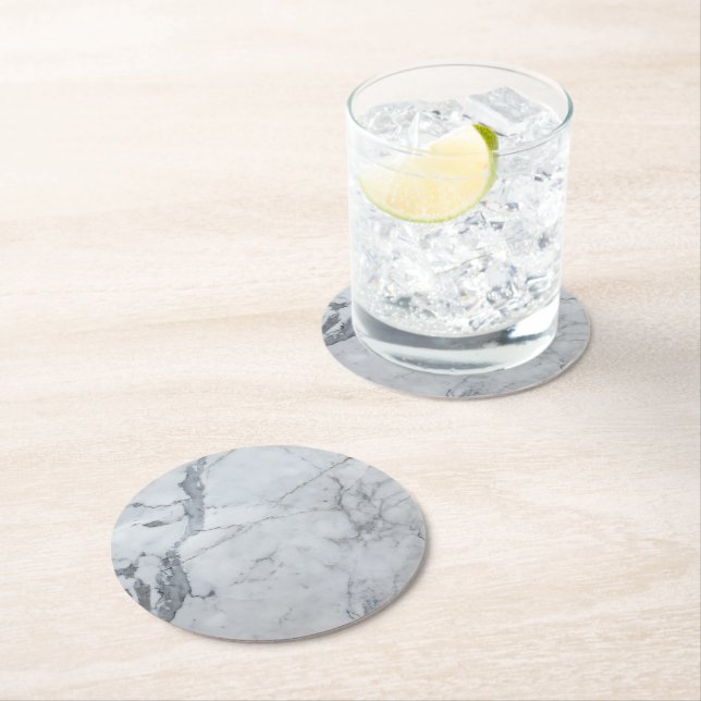 Grey Colour Marble Pattern Round Paper Coaster (Insitu)