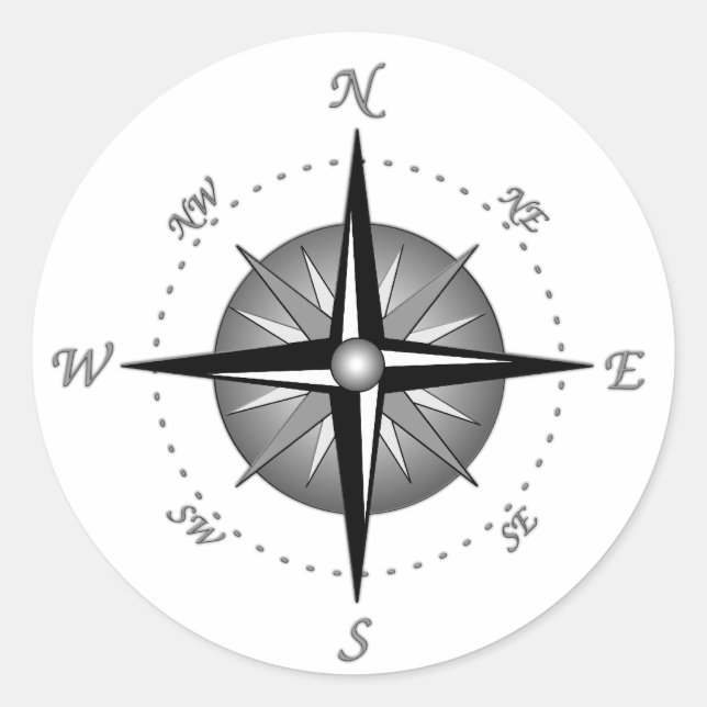 Grey Compass Rose Classic Round Sticker (Front)