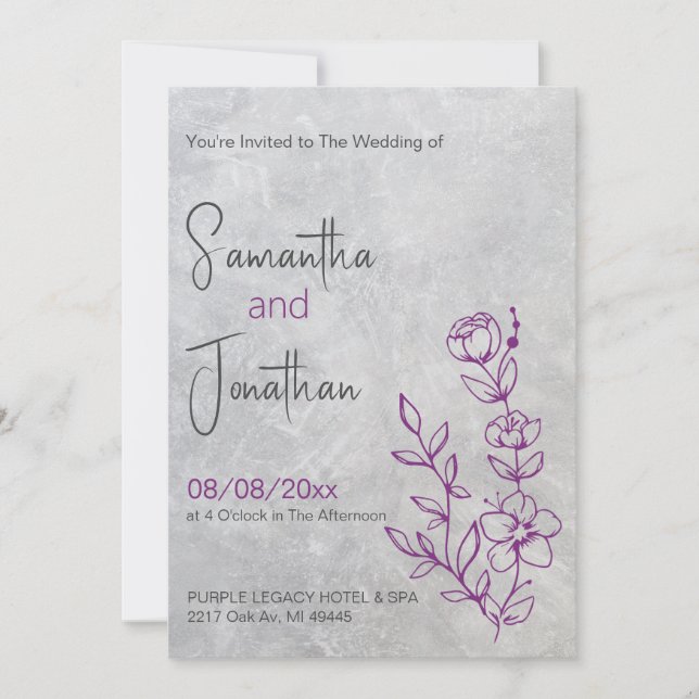 Grey Concrete and Purple Wedding Invitation (Front)