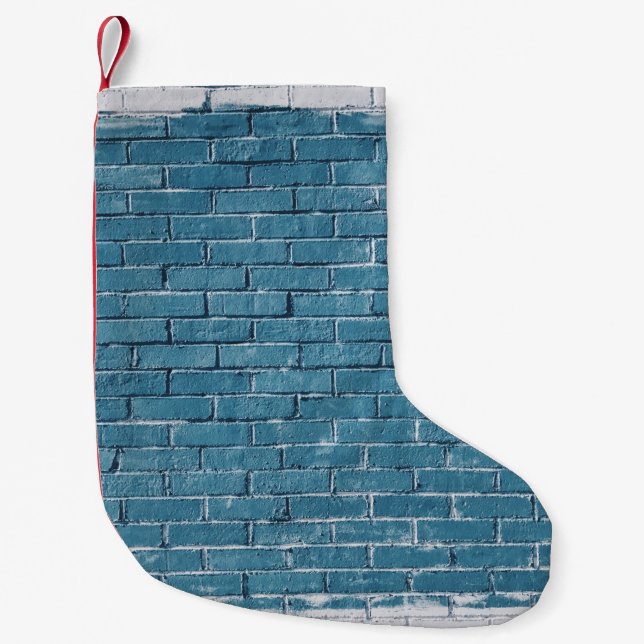 Grey concrete bricks painted in blue small christmas stocking (Front)