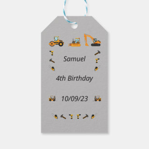 Grey Construction Boy Birthday Bilingual Thanks Gift Tags