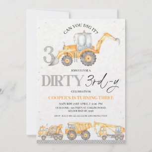 Grey Construction Dirty 3rd Birthday Boy Invitation