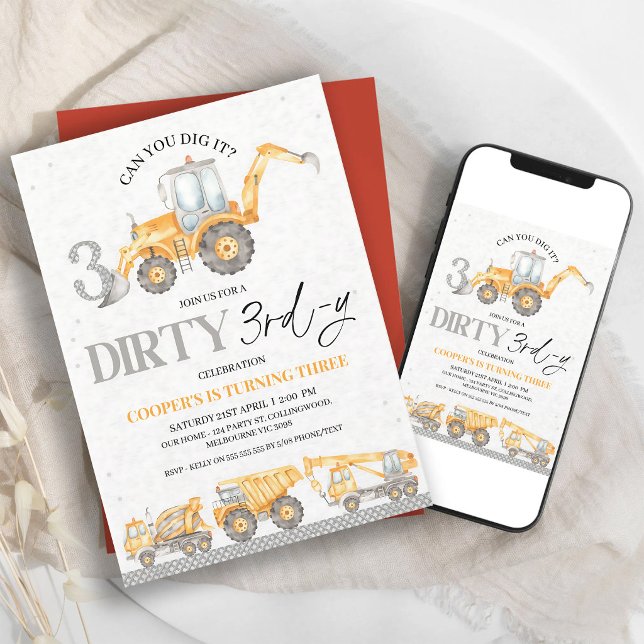 Grey Construction Dirty 3rd Birthday Boy Invitation (Creator Uploaded)