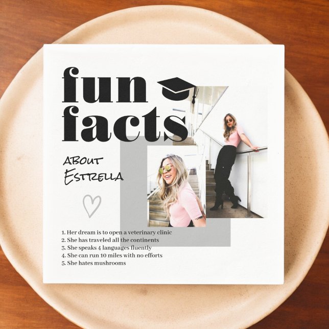 Grey cool graduate fun facts graduation 2 photos napkin (Gray cool graduate fun facts graduation 2 photos napkins)