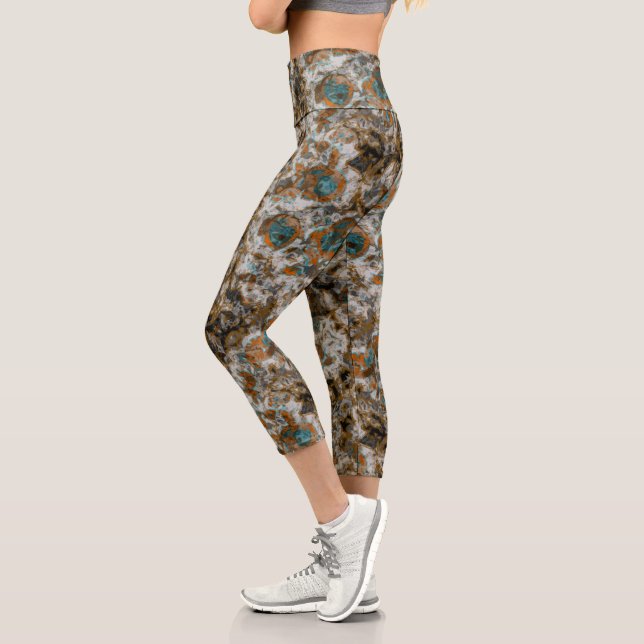 Grey, Copper and Turquoise  Marble Abstract Capri Leggings (Left)
