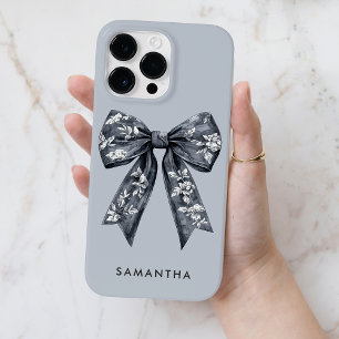 Grey Coquette Feminine Toile de Jouy Bow with Name Case-Mate iPhone 14 Pro Max Case