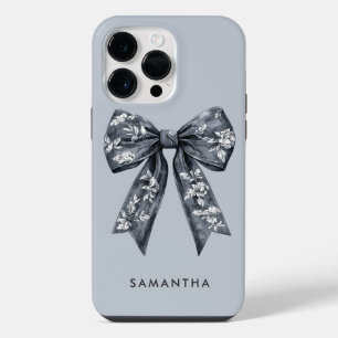 Grey Coquette Feminine Toile de Jouy Bow with Name iPhone 14 Pro Max Case