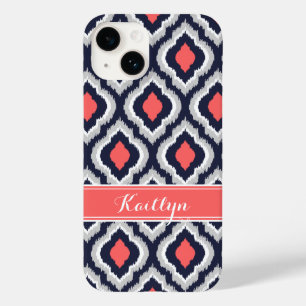 Grey Coral and Navy Ikat Moroccan Monogram Case-Mate iPhone 14 Case