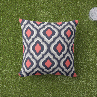 Grey Coral and Navy Ikat Moroccan Monogram Outdoor Cushion
