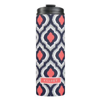 Grey Coral and Navy Ikat Moroccan Monogram Thermal Tumbler