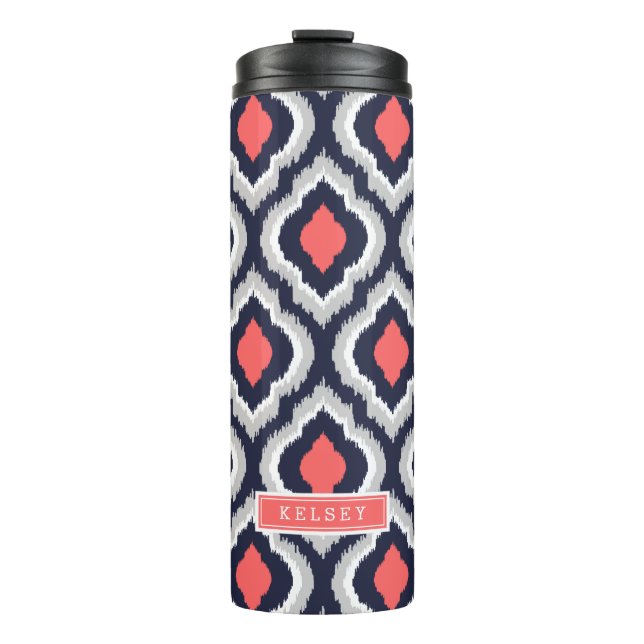 Grey Coral and Navy Ikat Moroccan Monogram Thermal Tumbler (Front)