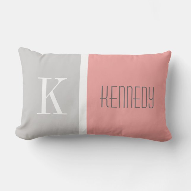 Grey Coral Colour Block Monogram Name Lumbar Cushion (Front)