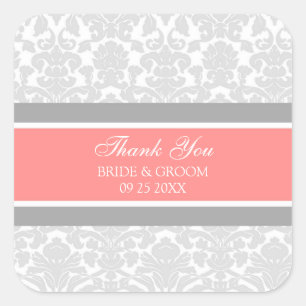 Grey Coral Damask Thank You Wedding Favour Tags