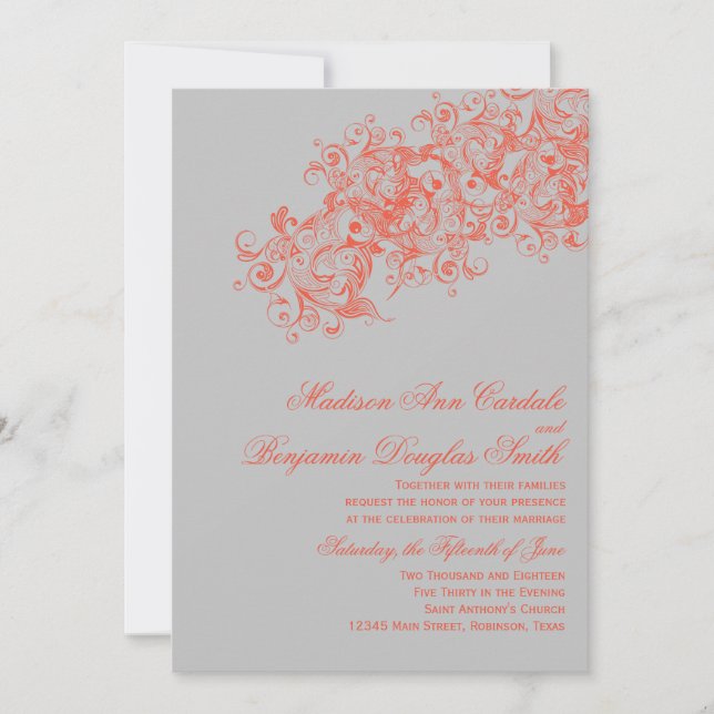 Grey Coral Elegant Flourish Wedding Invitations (Front)