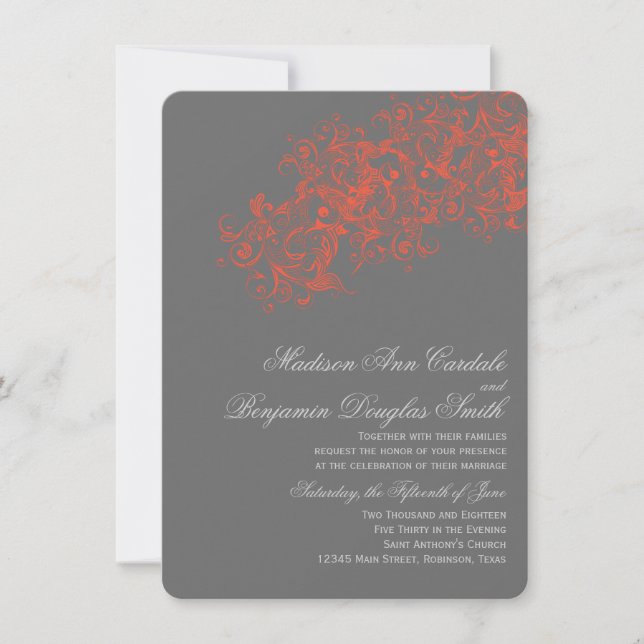 Grey Coral Elegant Flourish Wedding Invitations (Front)