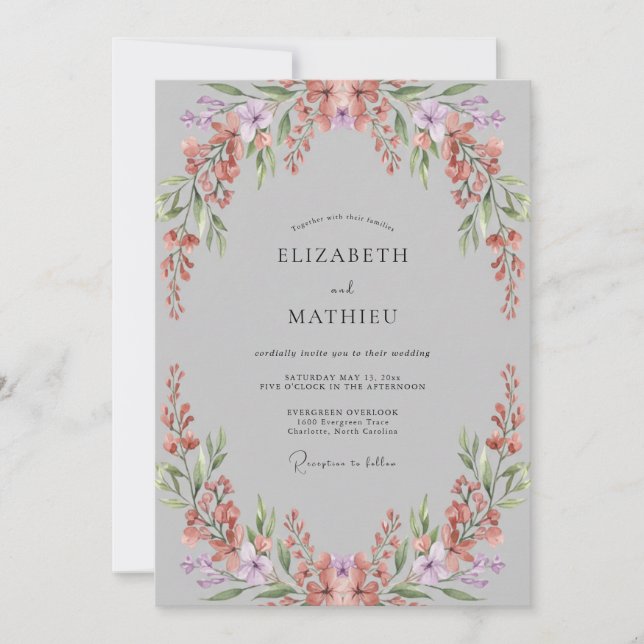 Grey Coral Leafy Wedding Invitation (Front)