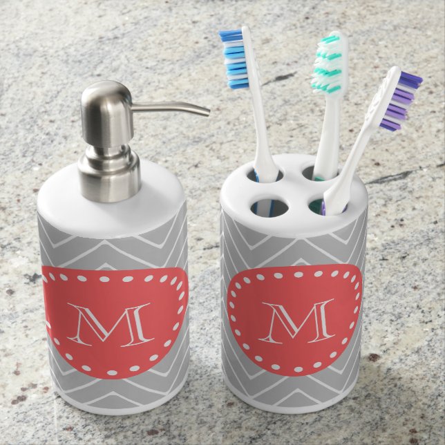 Grey & Coral Modern Chevron Custom Monogram Bathroom Set (Front)